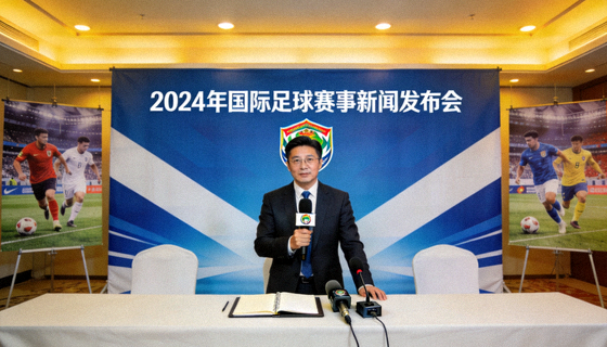 体育新闻发布现场记者进行赛事报道的画面
